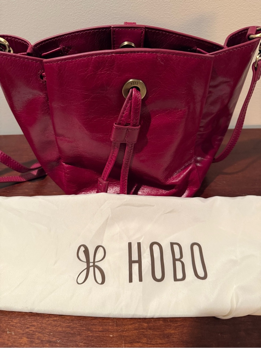 HOBO Magenta Leather Drawstring Shoulder Bucket Bag
